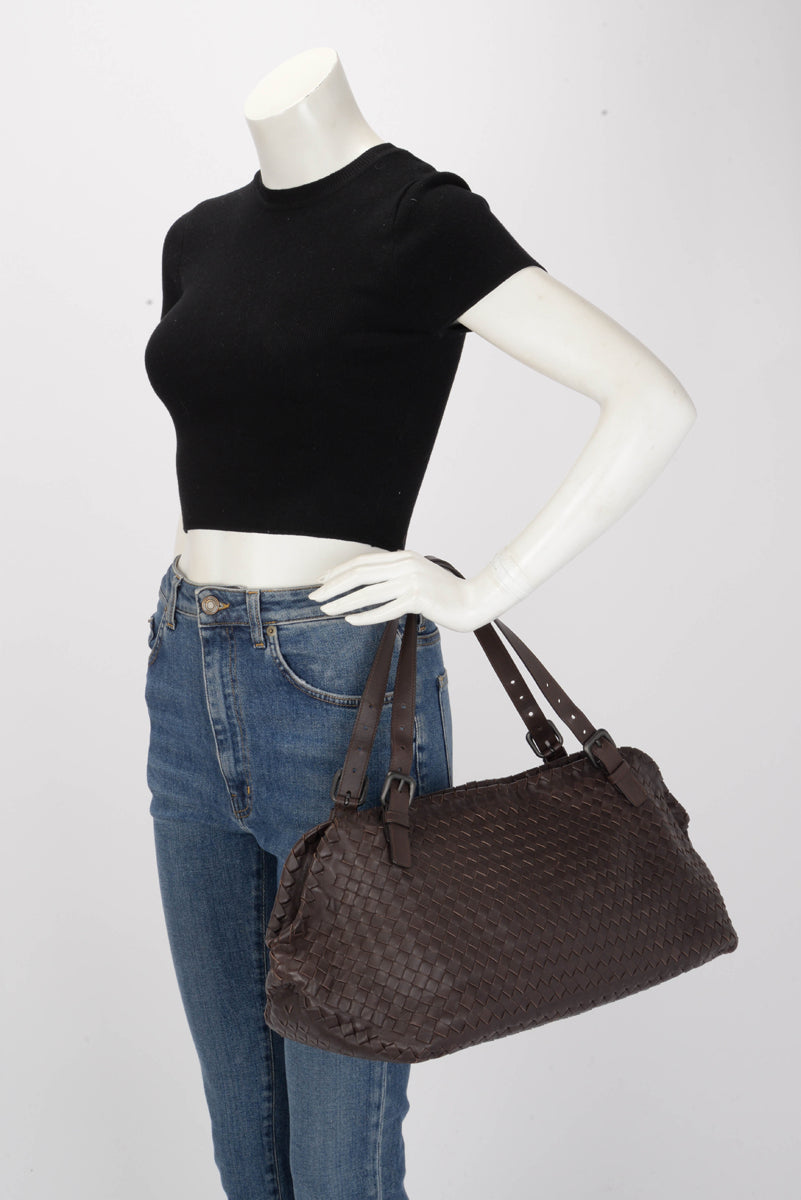 Bottega Veneta Chocolate Brown Intrecciato Large Boston Bag