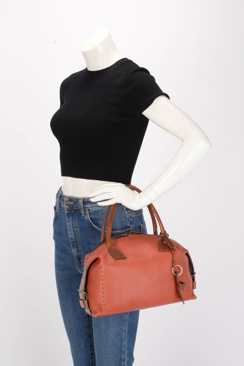 Henry Beguelin Brick and Tan Calfskin Top Stitched Shoulder Bag