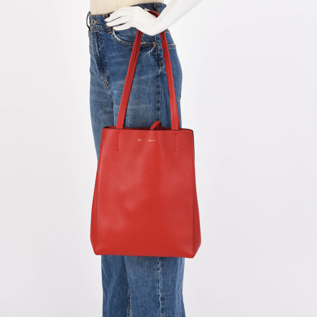 Celine Red Grained Calfskin Vertical Cabas Tote