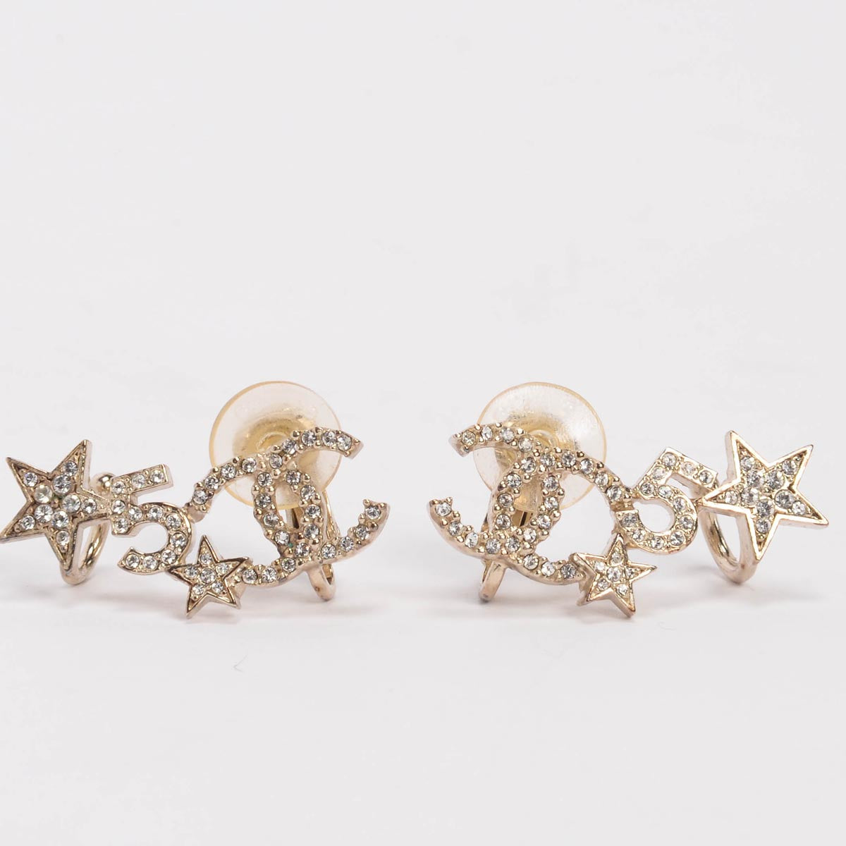 Chanel Light Gold Crystal CC Star Cuff Earrings