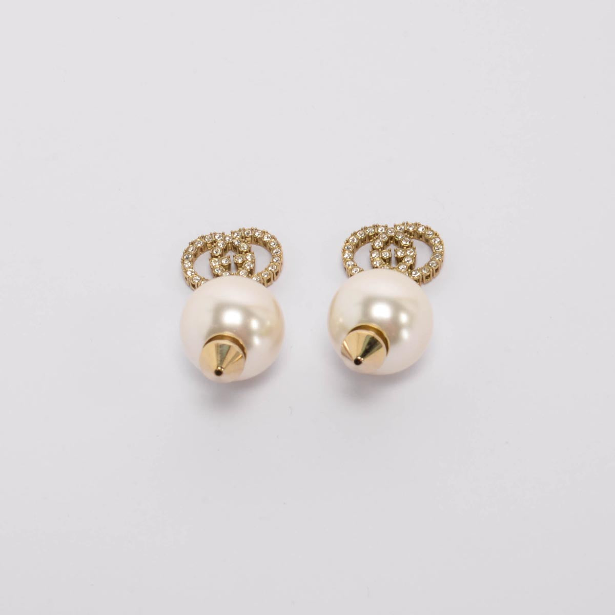 Gucci Gold Crystal & Pearl GG Drop Earrings