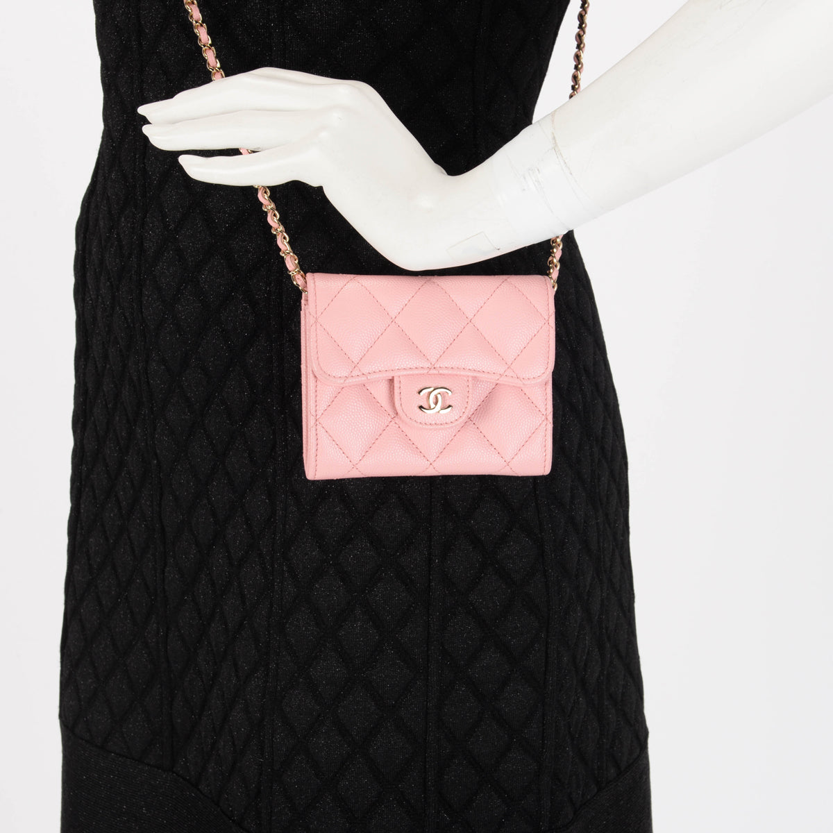 Chanel Pink Quilted Caviar Classic CC Card Holder on Chain