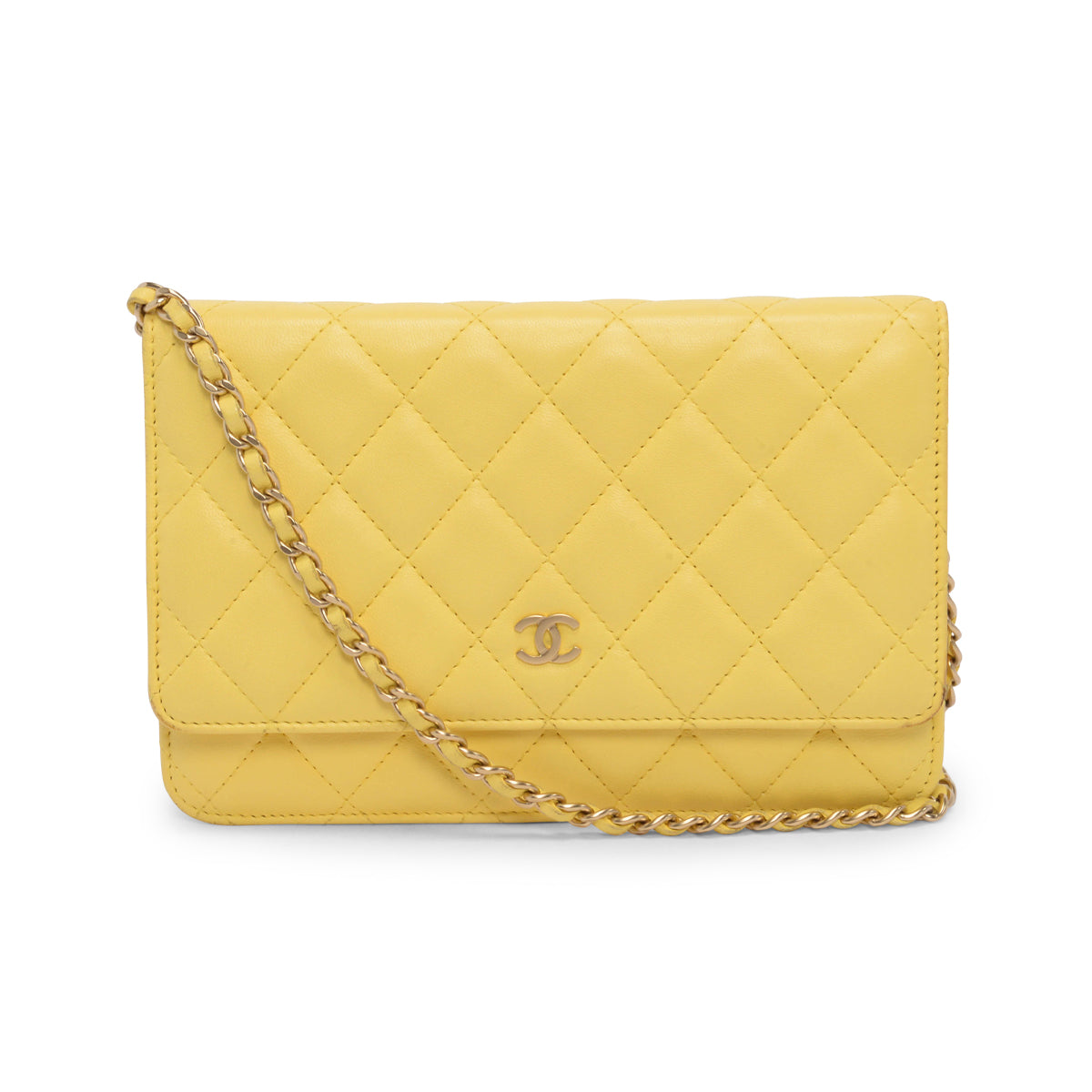 Chanel Yellow Quilted Lambskin Classic Wallet On Chain