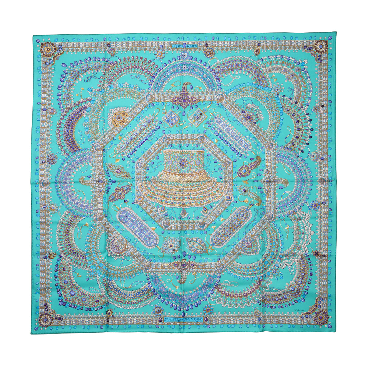 Hermes Turquoise Silk Parures des Maharajas Scarf