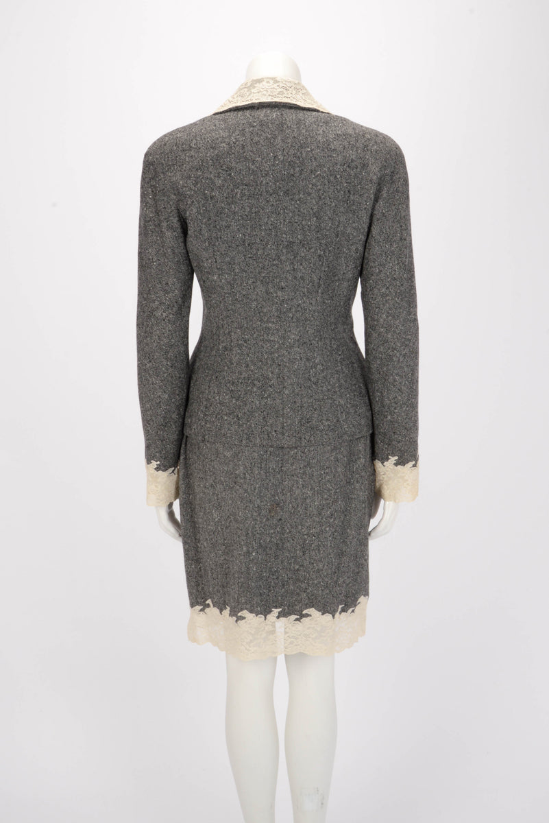 Dior Grey Wool Tweed Lace Trim Jacket & Skirt FR 40