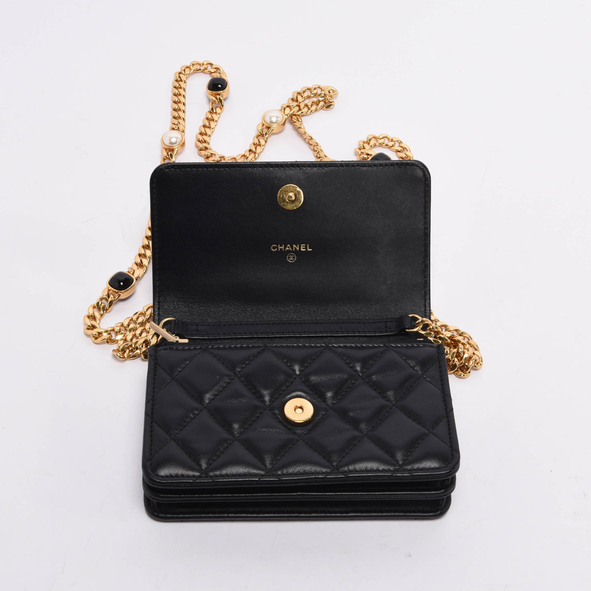 Chanel Black Quilted Lambskin CC Pearl Enamel Wallet on Chain