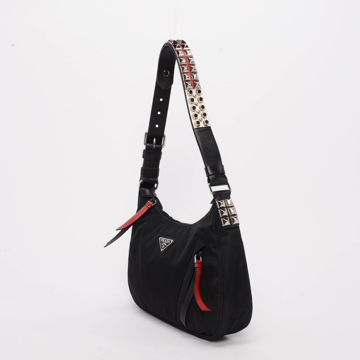 Prada Black Nylon Studded New Vela Hobo Bag