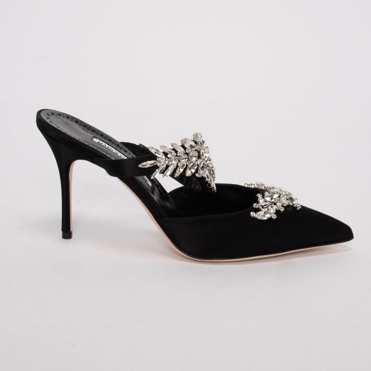 Manolo Blahnik Black Satin & Crystal Lurum Pumps 39.5