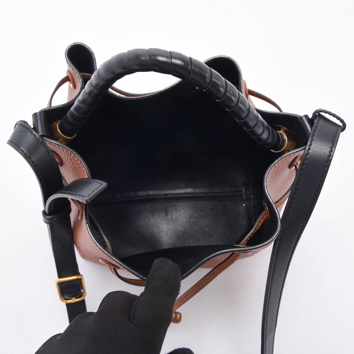 Chloe Tan & Black Calfskin Marcie Drawstring Bucket Bag