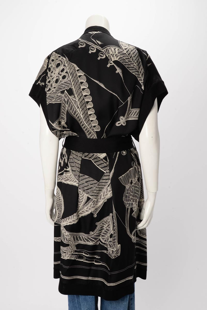 Hermes Black Silk Zouaves Et Dragons Finesse Long Cardigan FR 42