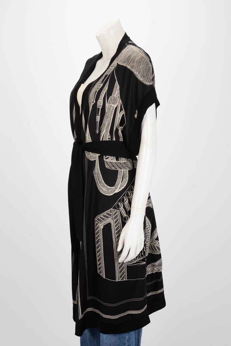 Hermes Black Silk Zouaves Et Dragons Finesse Long Cardigan FR 42