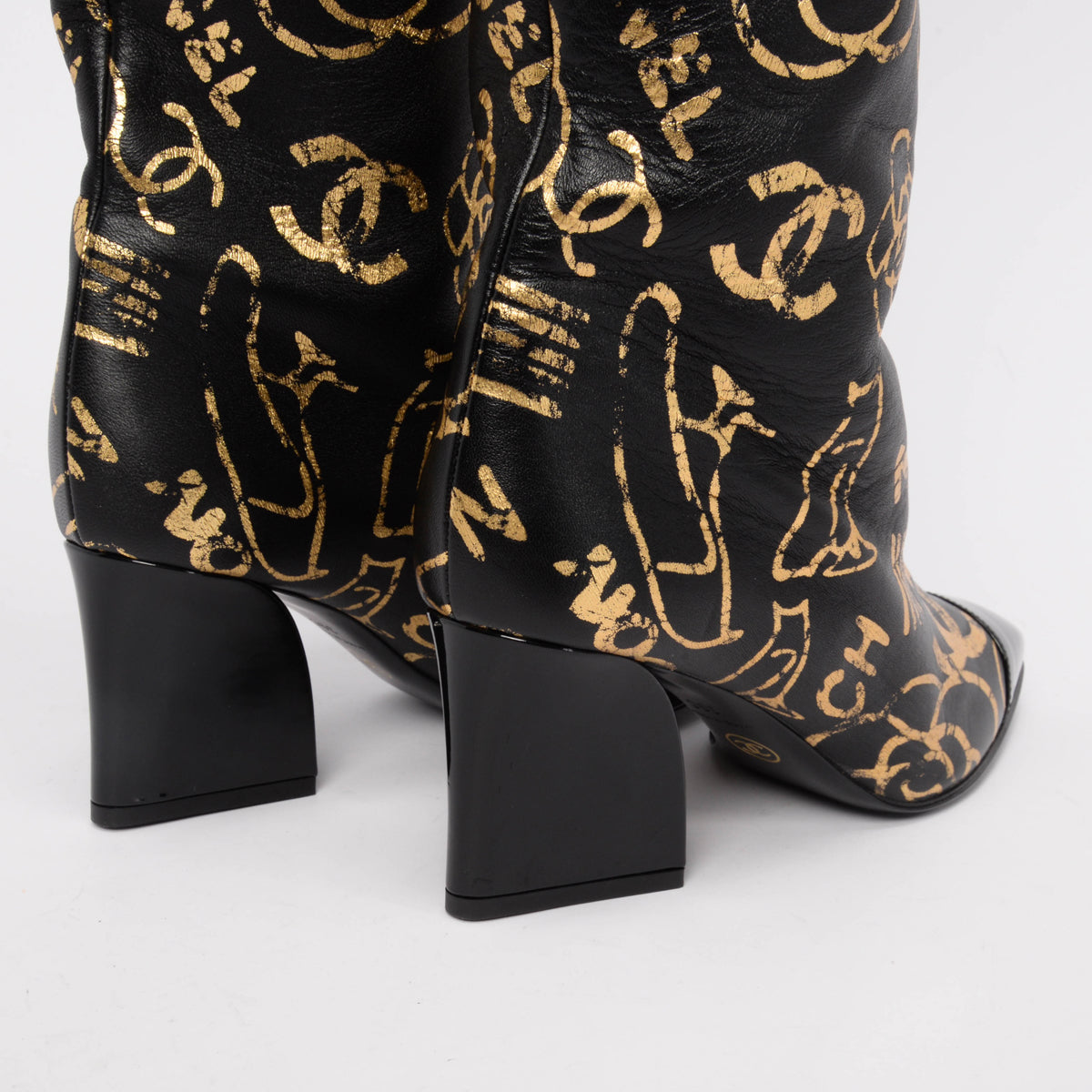 Chanel Black & Gold Lambskin Grafitti Boots 39