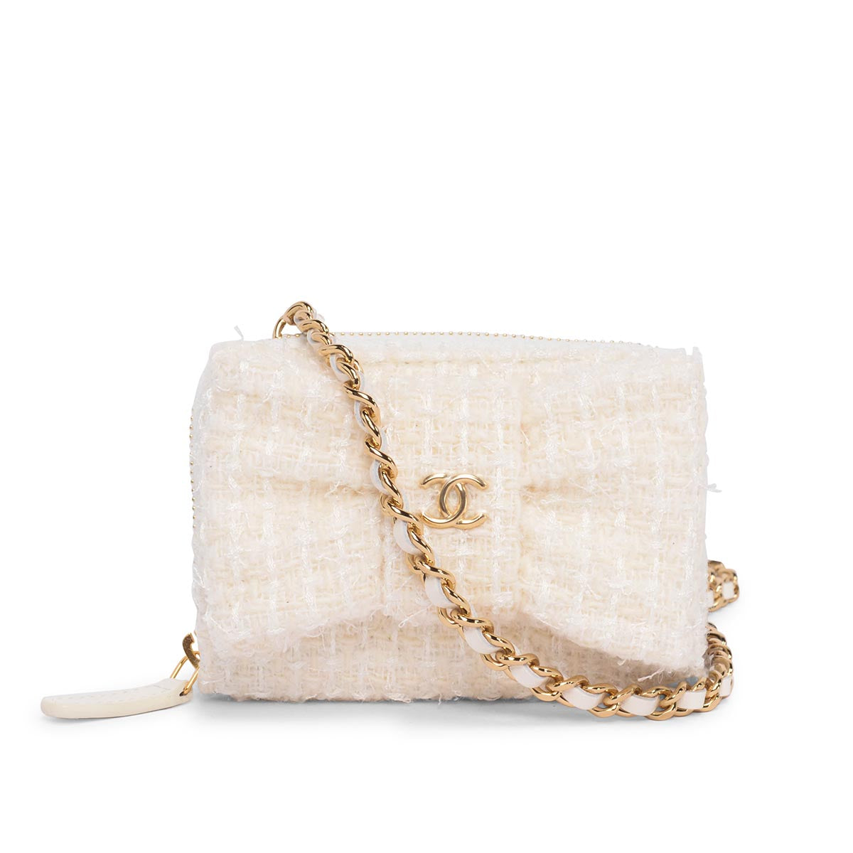 Chanel Cream Tweed CC Bow Card Holder on Chain