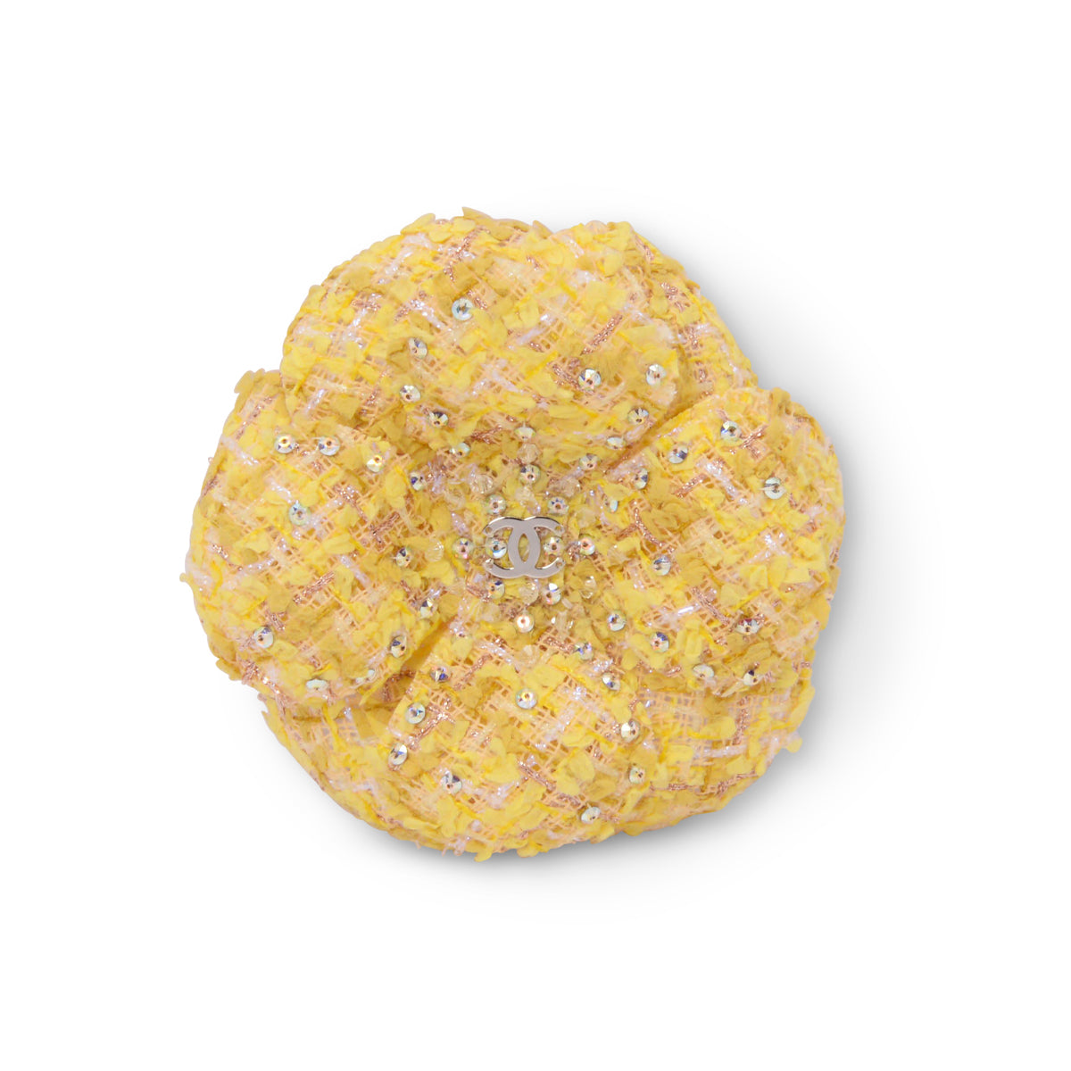 Chanel Yellow Tweed & Crystal CC Camellia Brooch