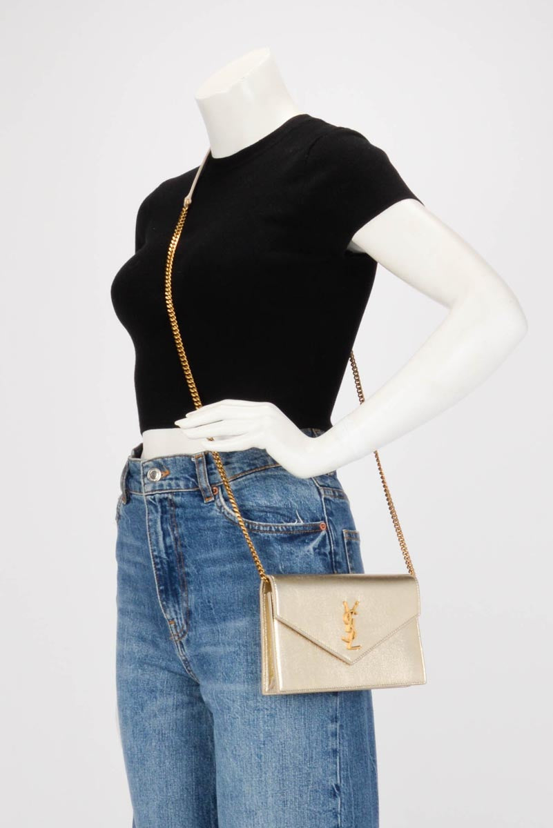 Saint Laurent Gold Calfskin Envelope Chain Wallet Clutch
