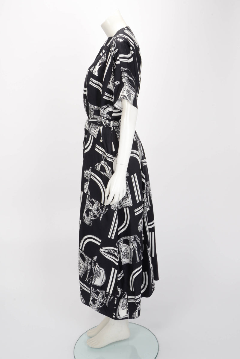 Hermes Bleu Noir Silk En Desordre Finesse Belted Kaftan FR 38