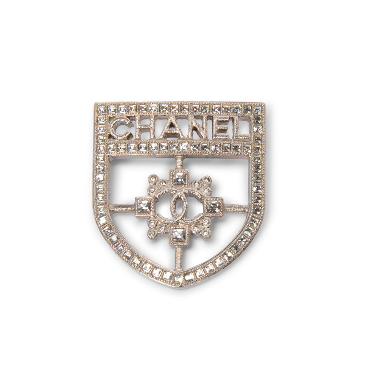 Chanel Silver Crystal CC Shield Brooch