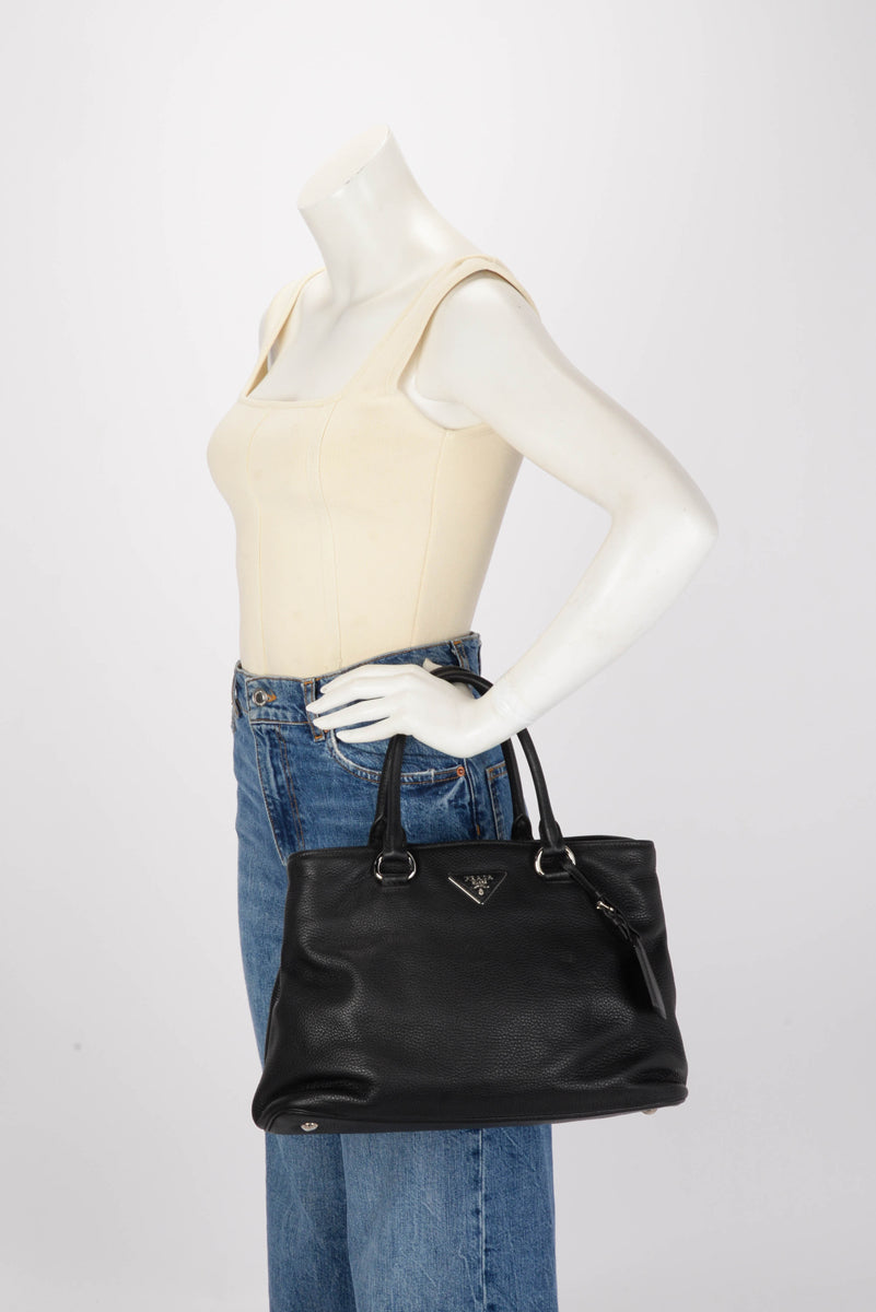 Prada Black Vitello Daino Convertible Shopping Tote