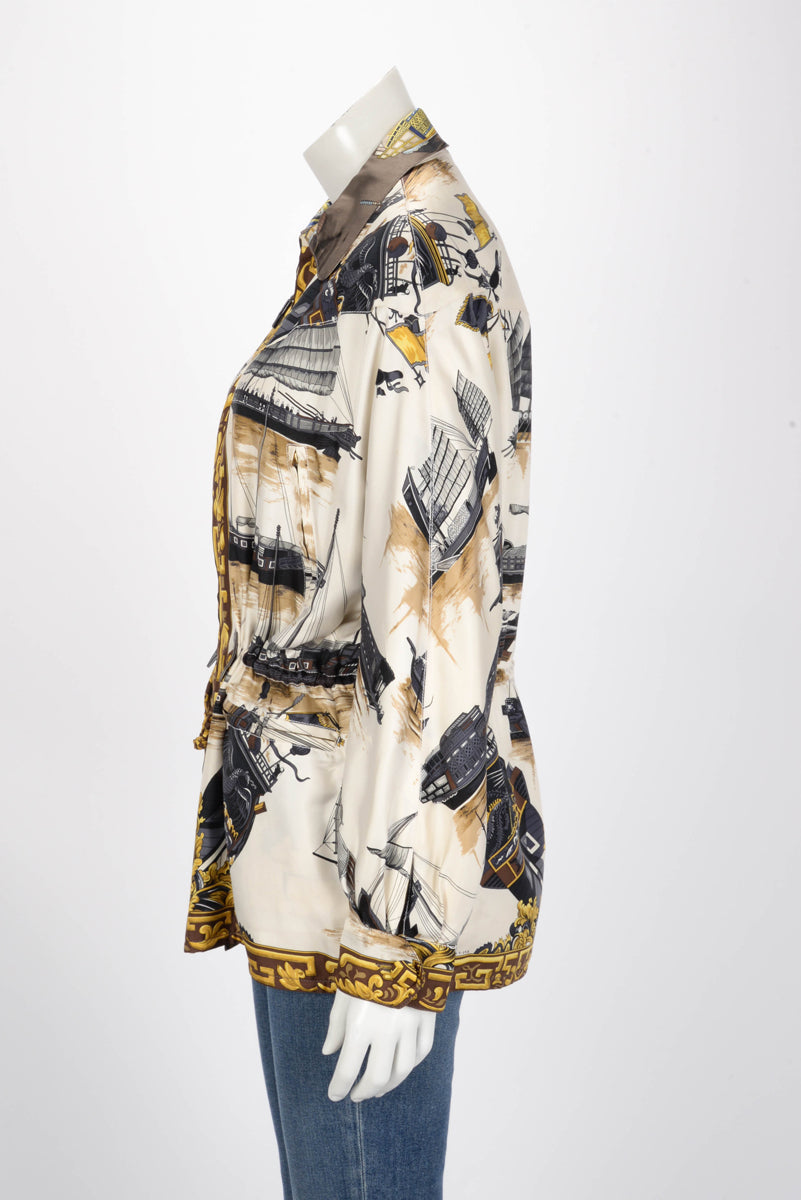 Hermes Brown & Cream Silk Jonques et Sampans Reversible Jacket FR 40