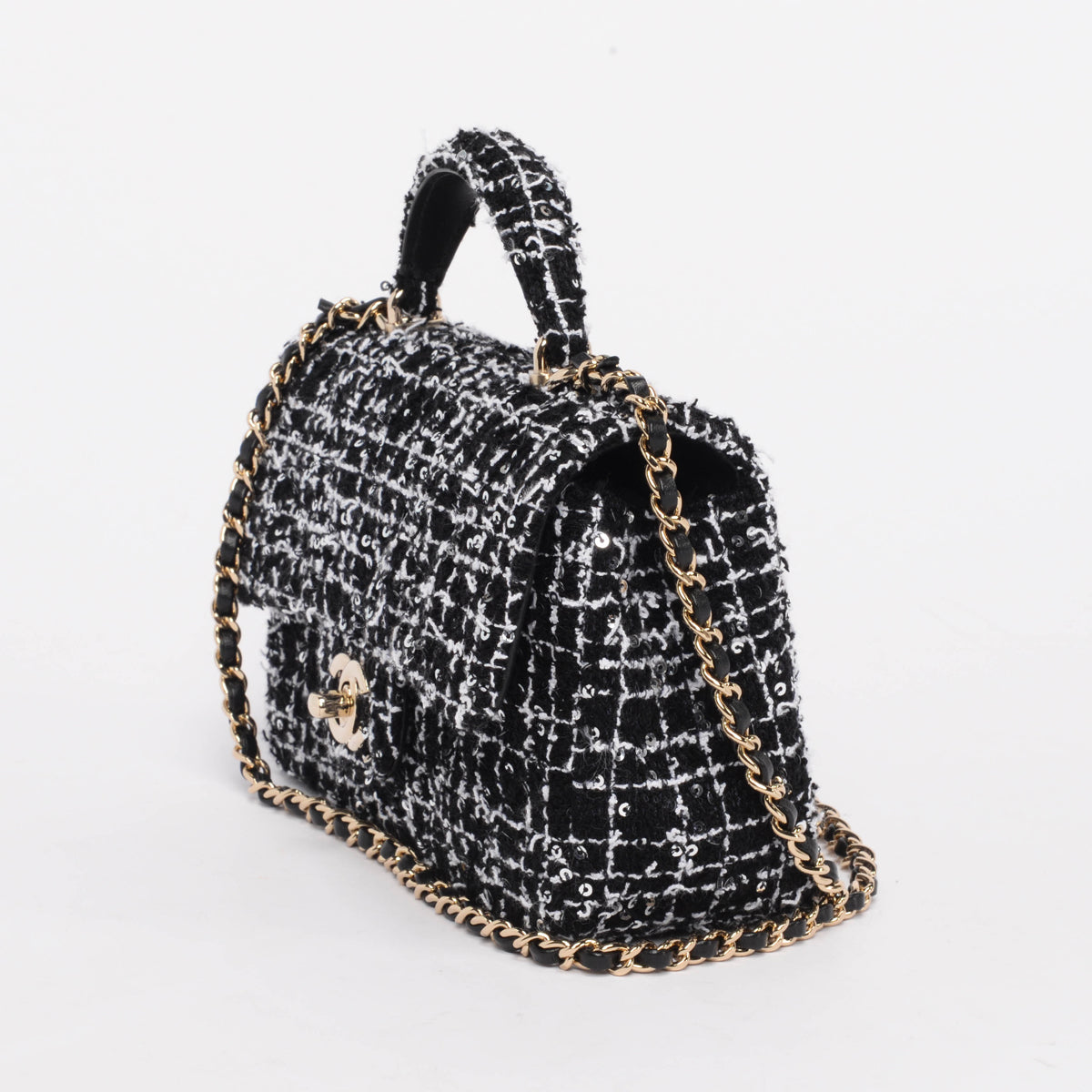 Chanel Black & White Sequin Tweed Mini Coco Handle Bag