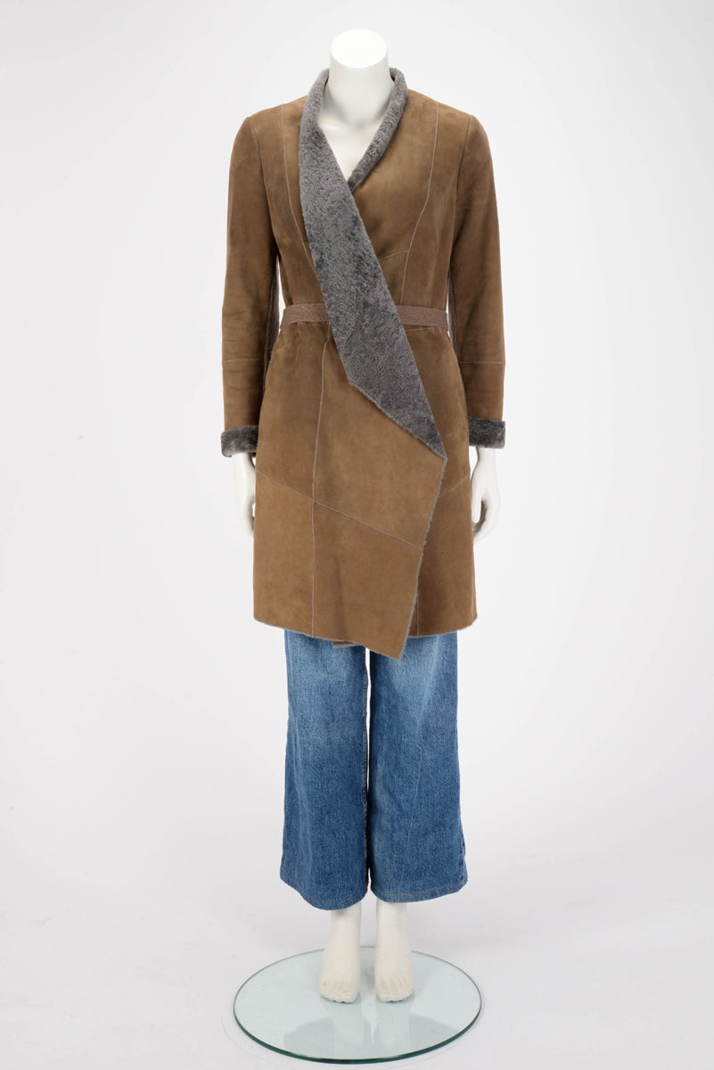 Brunello Cucinelli Brown Shearling Wrap Front Coat IT 42