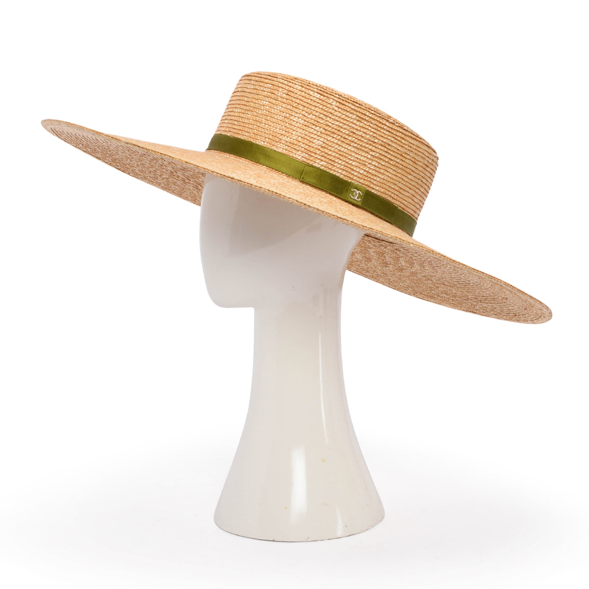 Chanel Ivory Abaca Straw CC Ribbon Wide Brim Hat