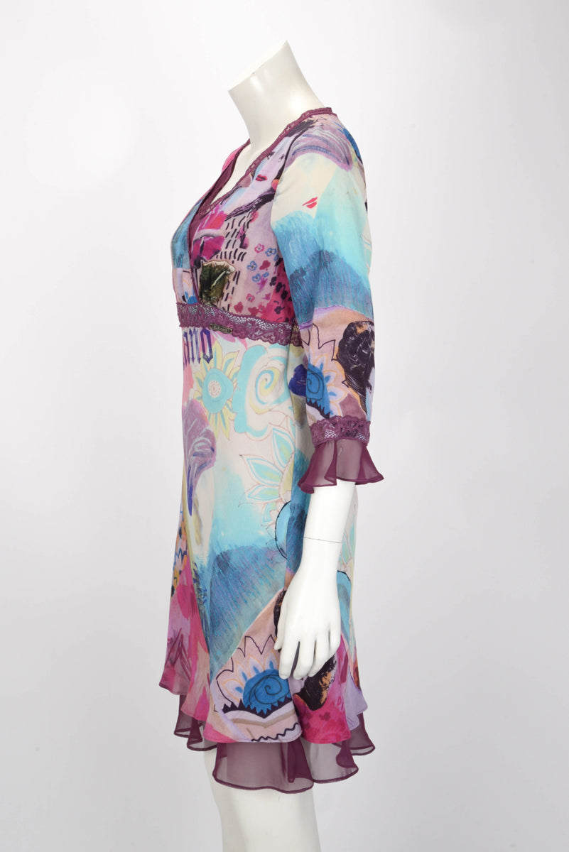 Galliano Purple Silk Logo V-Neck Dress IT 44