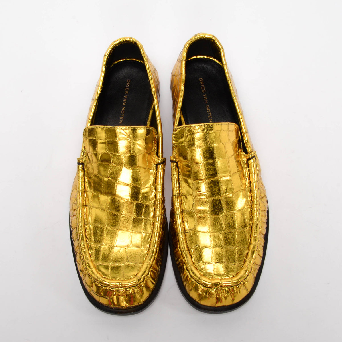 Dries Van Noten Gold Croc Embossed Loafers 38.5