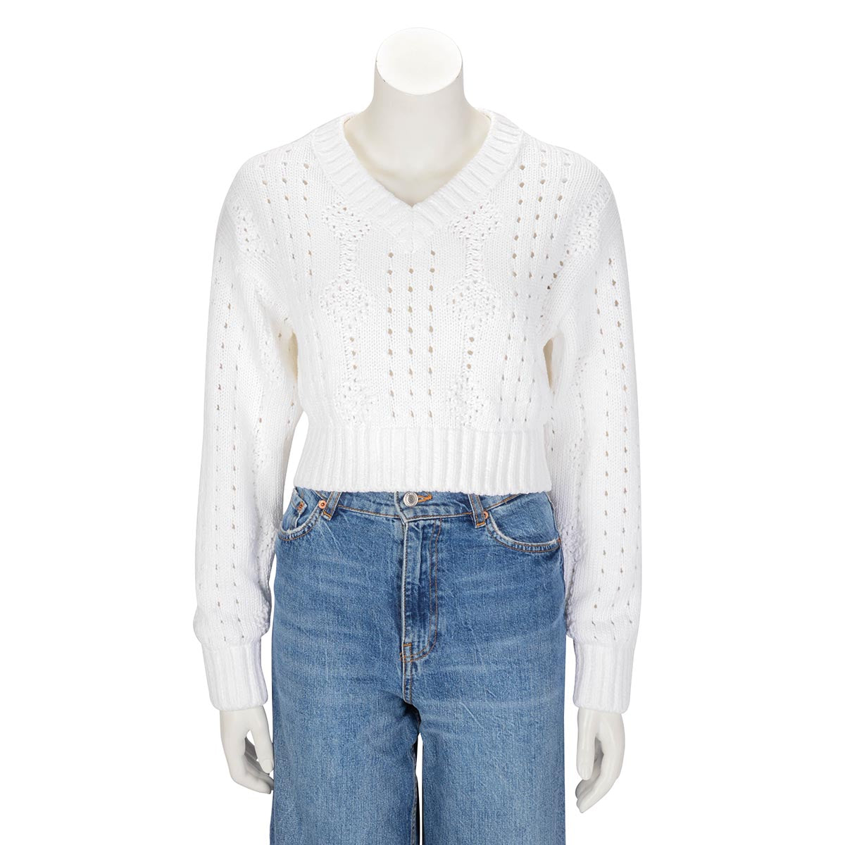 Prada White Pointelle Knit Cropped V-Neck Sweater