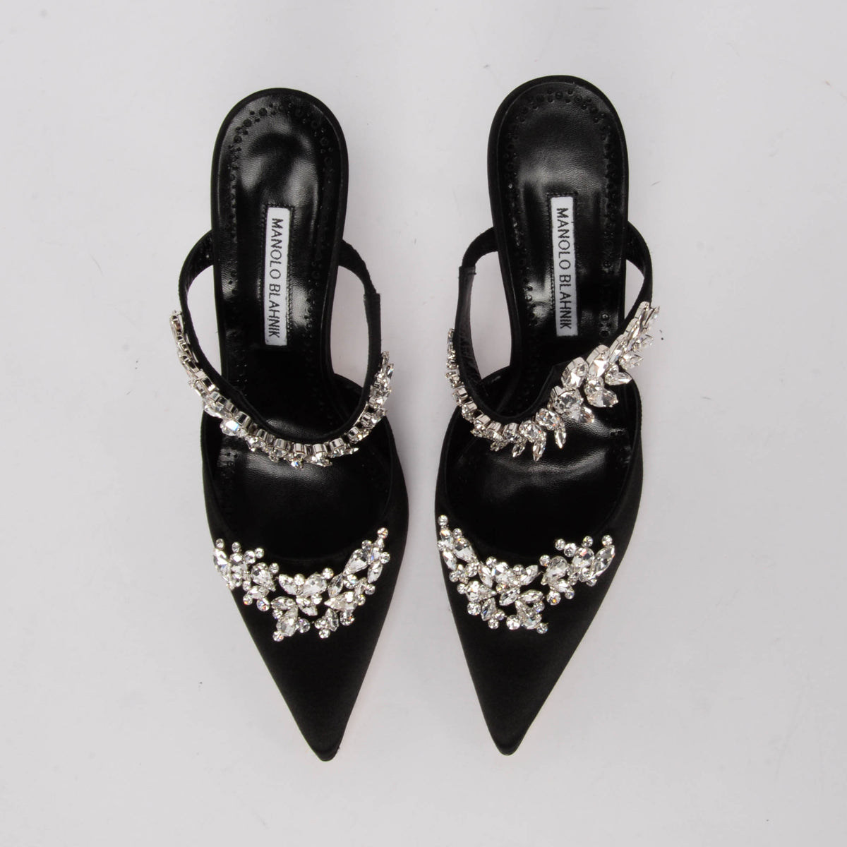 Manolo Blahnik Black Satin & Crystal Lurum Pumps 39.5