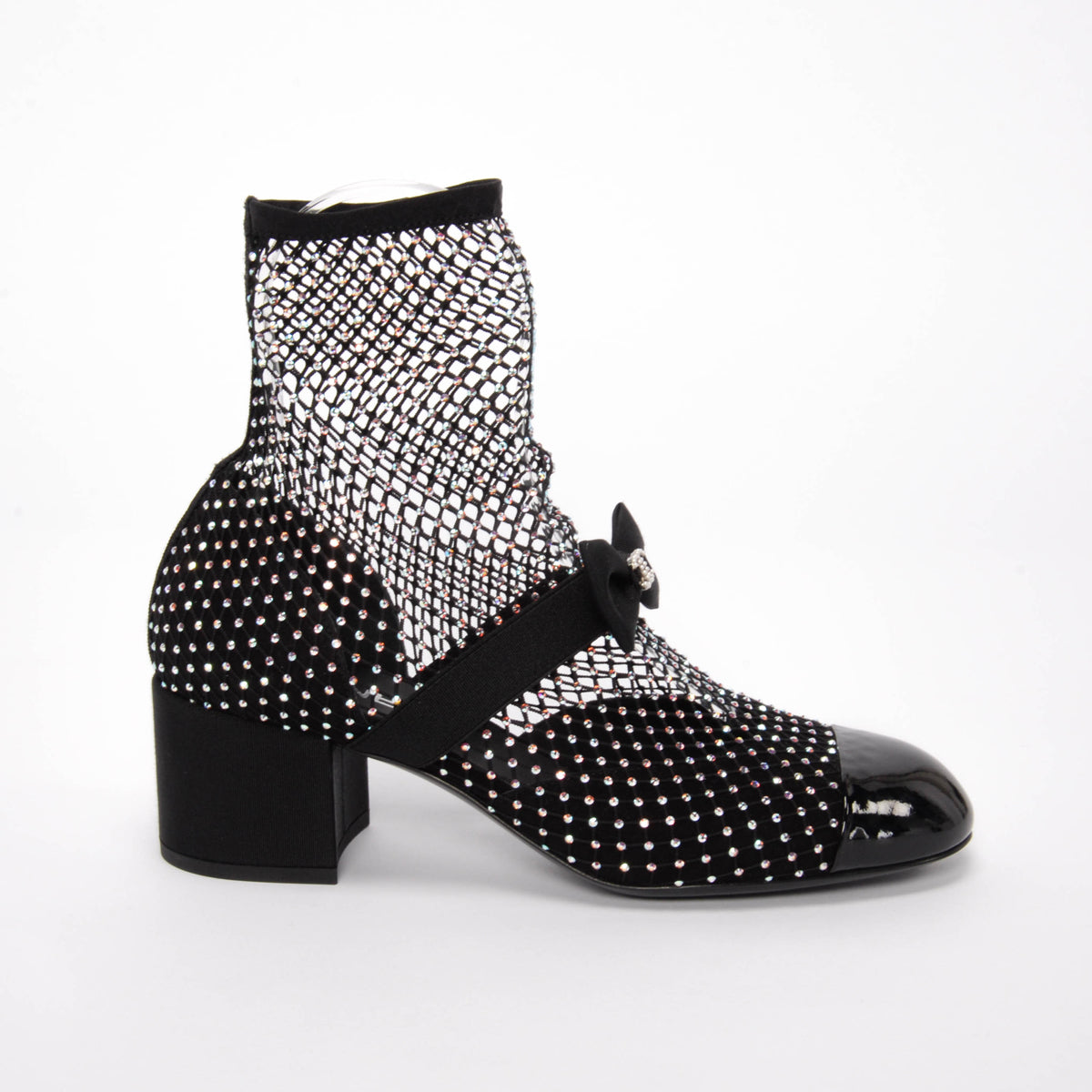 Chanel Black Crystal Net Mary Jane Short Boots 38.5