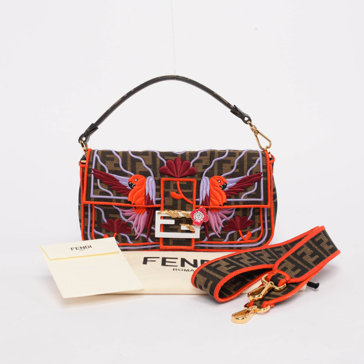 Fendi Multi Colour Zucca Canvas Embroidered Parrots Baguette