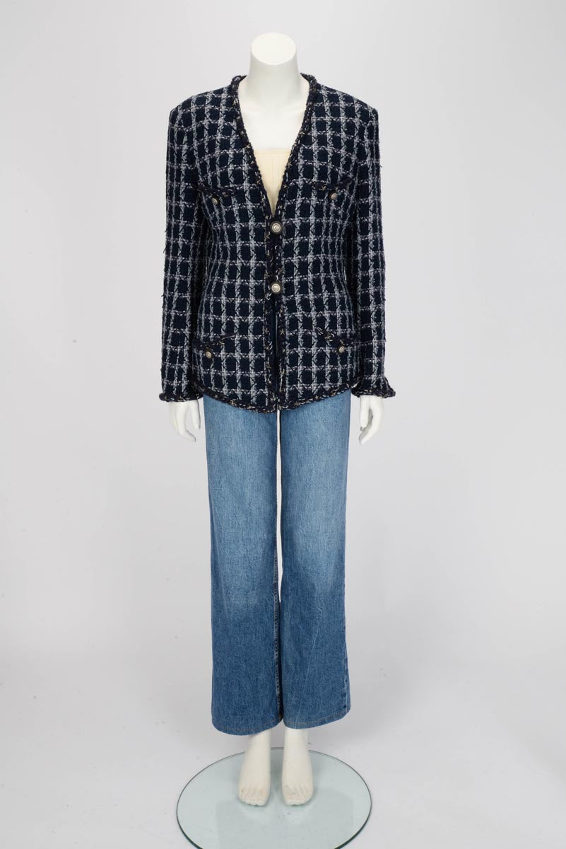 Chanel Navy Fantasy Tweed Paris to Dallas Jacket FR 44