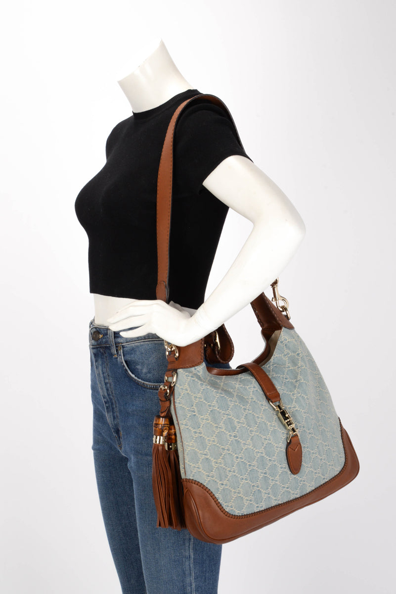 Gucci Tan Leather & GG Denim Medium New Jackie Bag