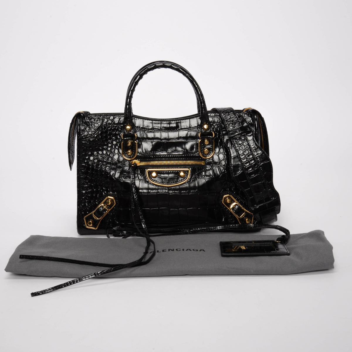 Balenciaga Black Croc Embossed Metallic Edge Small City Bag