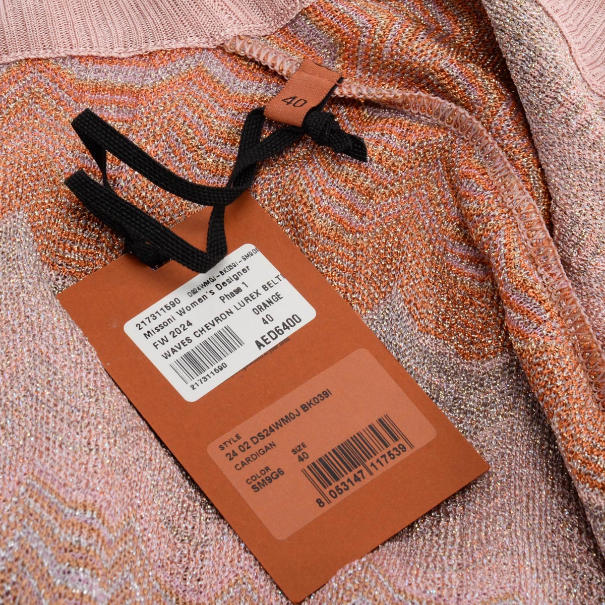 Missoni Orange Lurex Waves Chevron Belted Cardigan IT 40