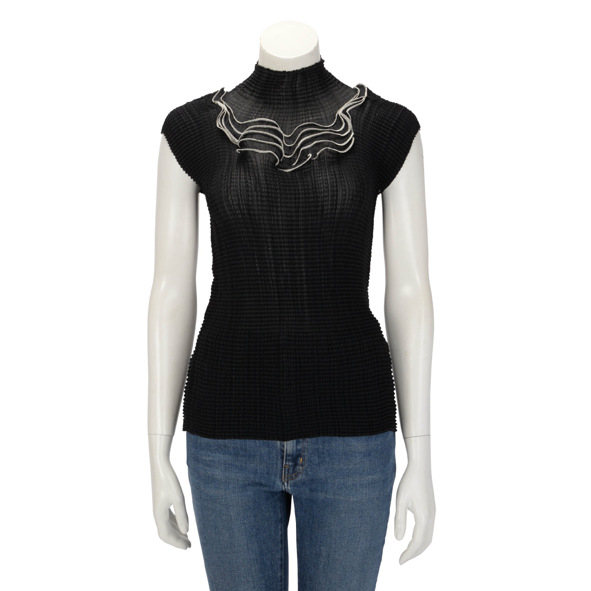 Issey Miyake Fete Black Ribbon Pleated Ruffle Collar Top