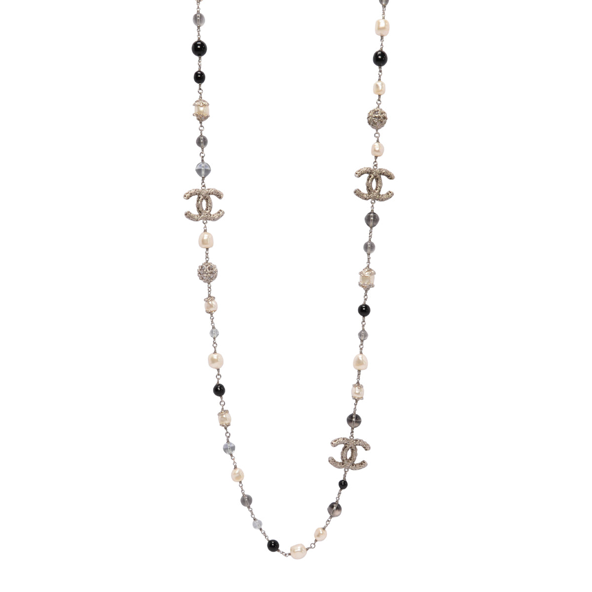 Chanel Silver Pearl Filigree CC Necklace