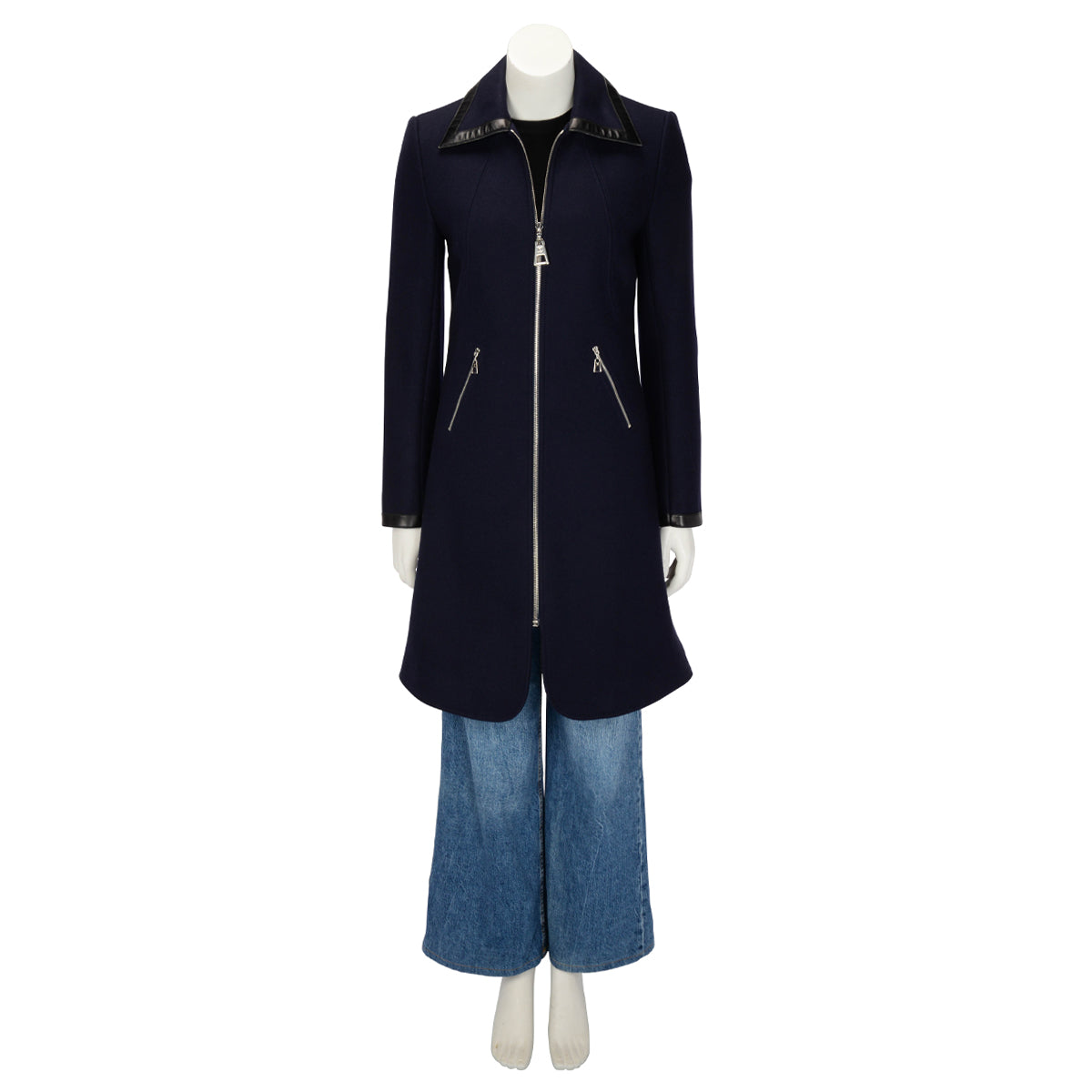 Louis Vuitton Navy Wool Lambskin Detail Zipped Coat FR 36