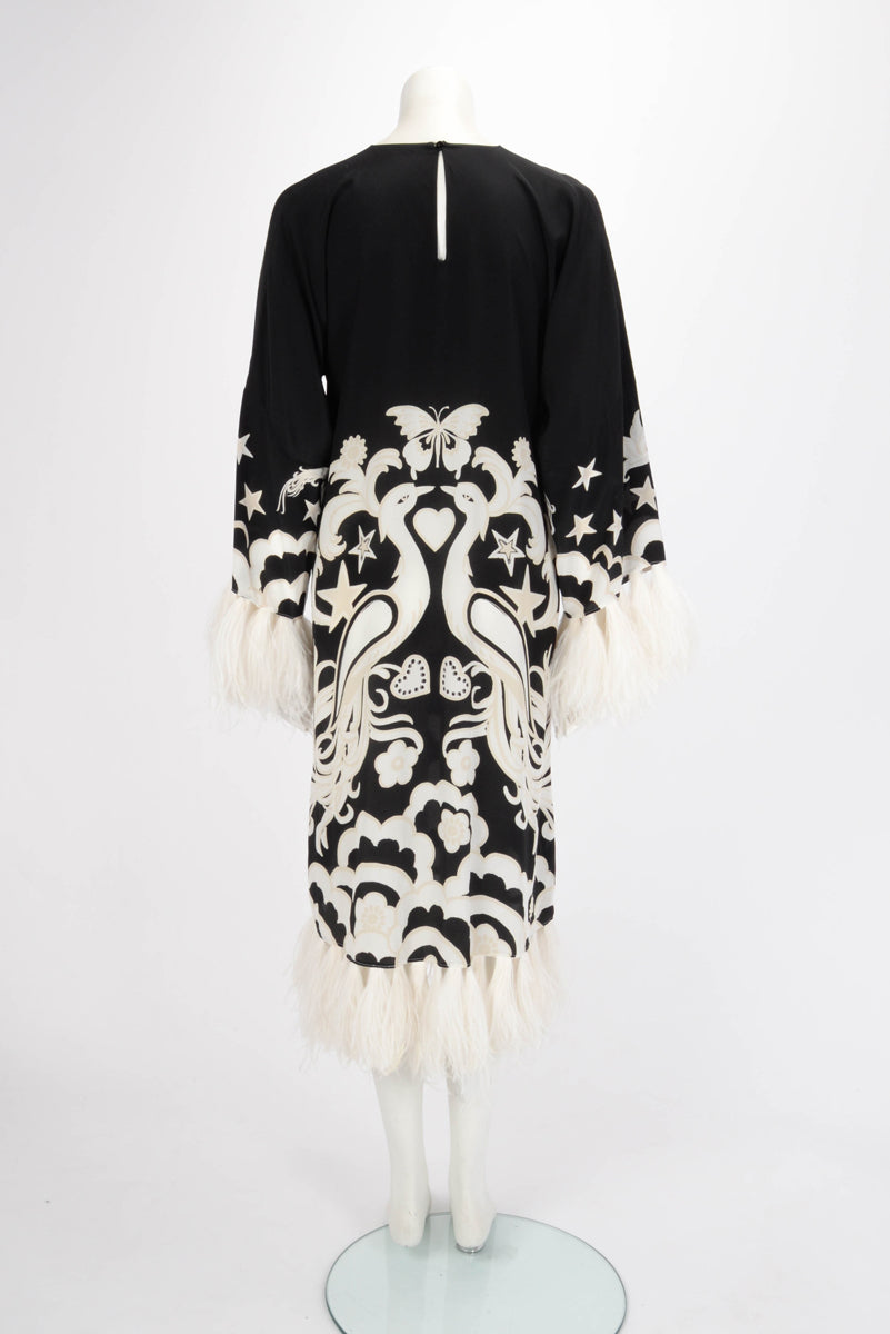 Valentino Black Silk Print Feather Trimmed Midi Dress FR 42