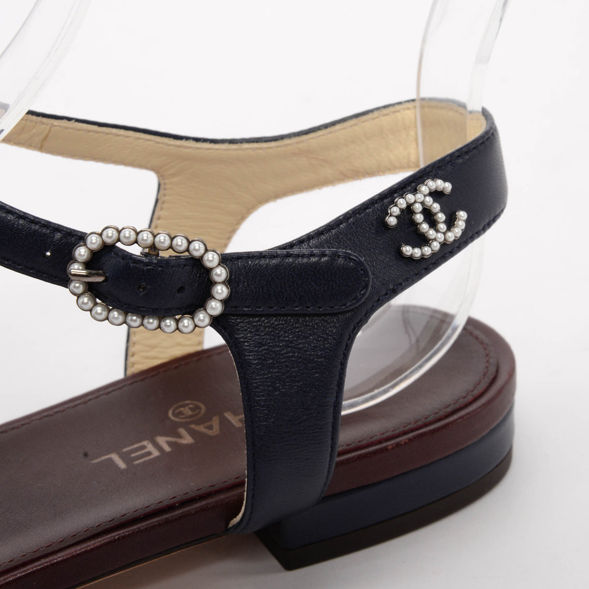 Chanel Burgundy & Navy Lambskin & Pearl Caged Sandals 37