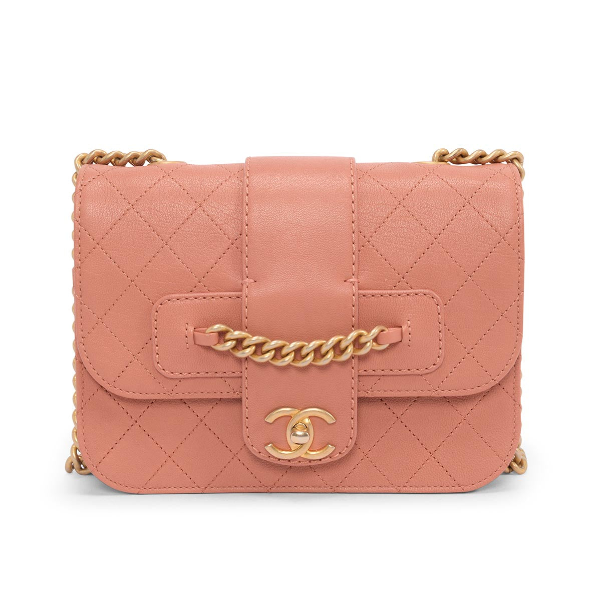 Chanel Pink Quilted Sheepskin Front Chain Flap Bag