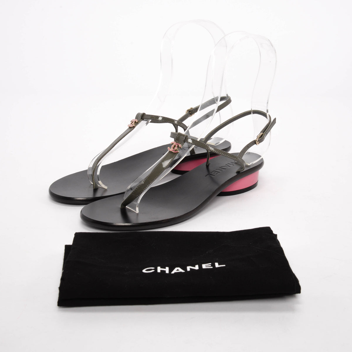 Chanel Khaki & Pink Patent CC Thong Sandals 37