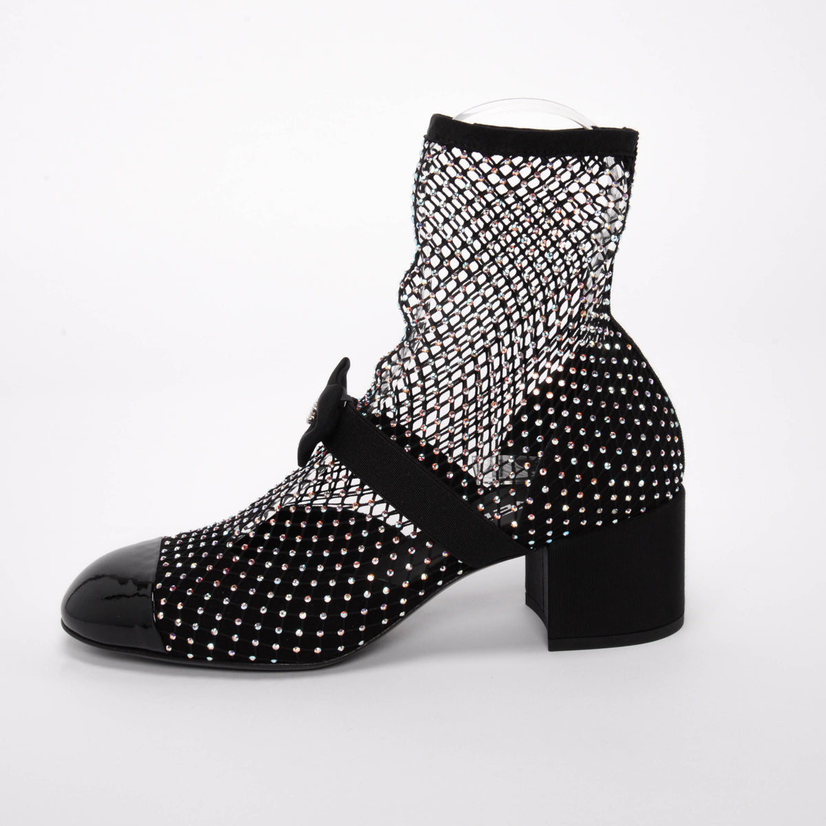 Chanel Black Crystal Net Mary Jane Short Boots 38.5