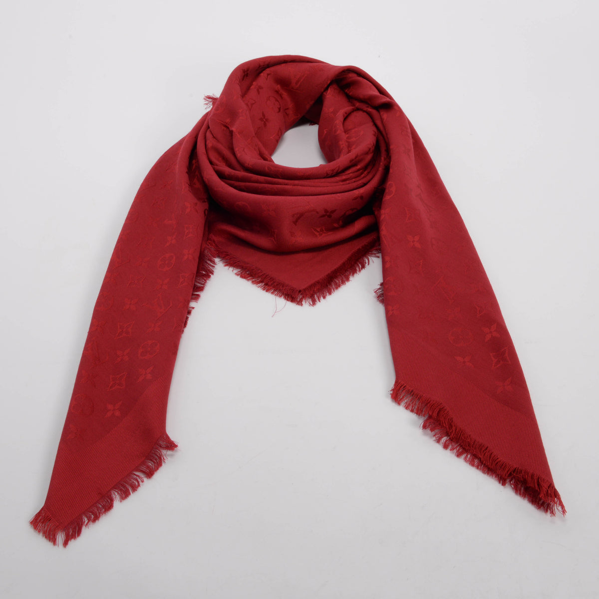 Louis Vuitton Red Silk & Wool Monogram Classic Fringed Shawl