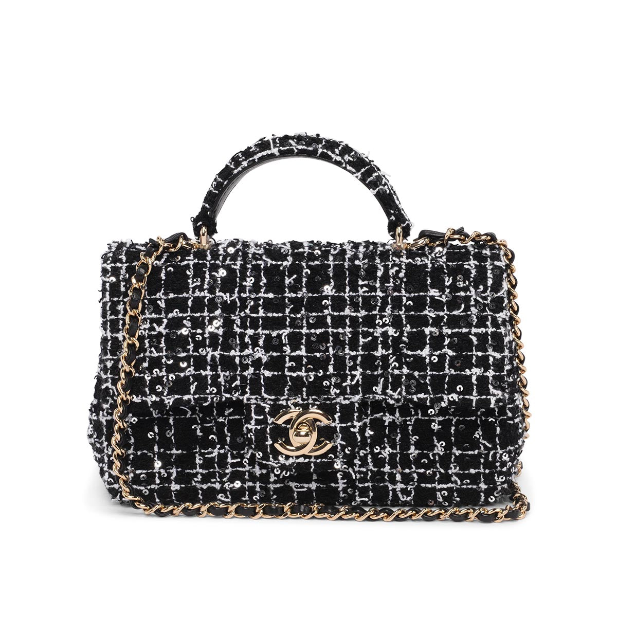 Chanel Black & White Sequin Tweed Mini Coco Handle Bag