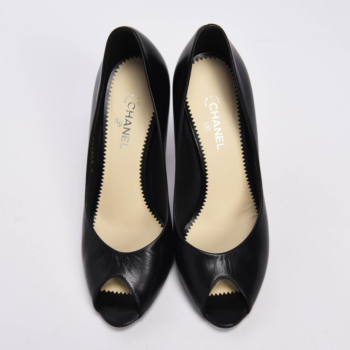 Chanel Black Lambskin Pearl Detail Peep Toe Pumps 37.5