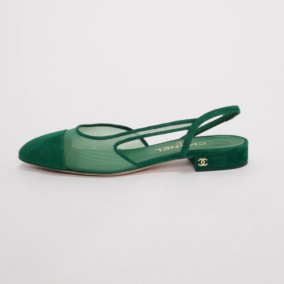 Chanel Green Suede & Mesh CC Slingback Flats 36.5