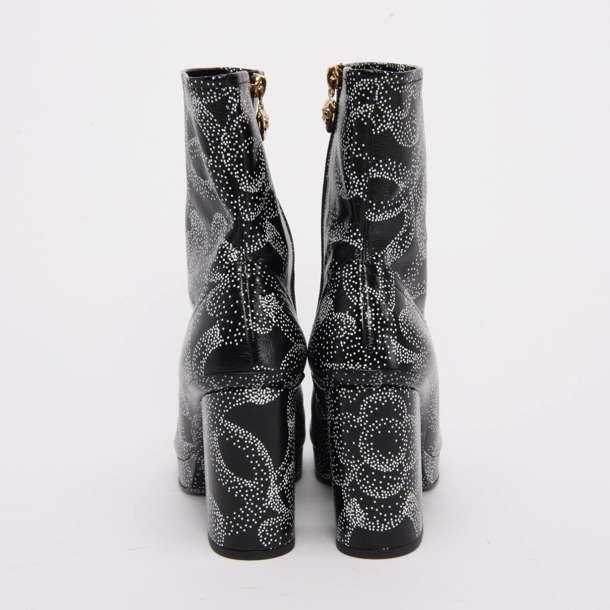 Chanel Black & White Dot Printed Camellia Platform Boots 39