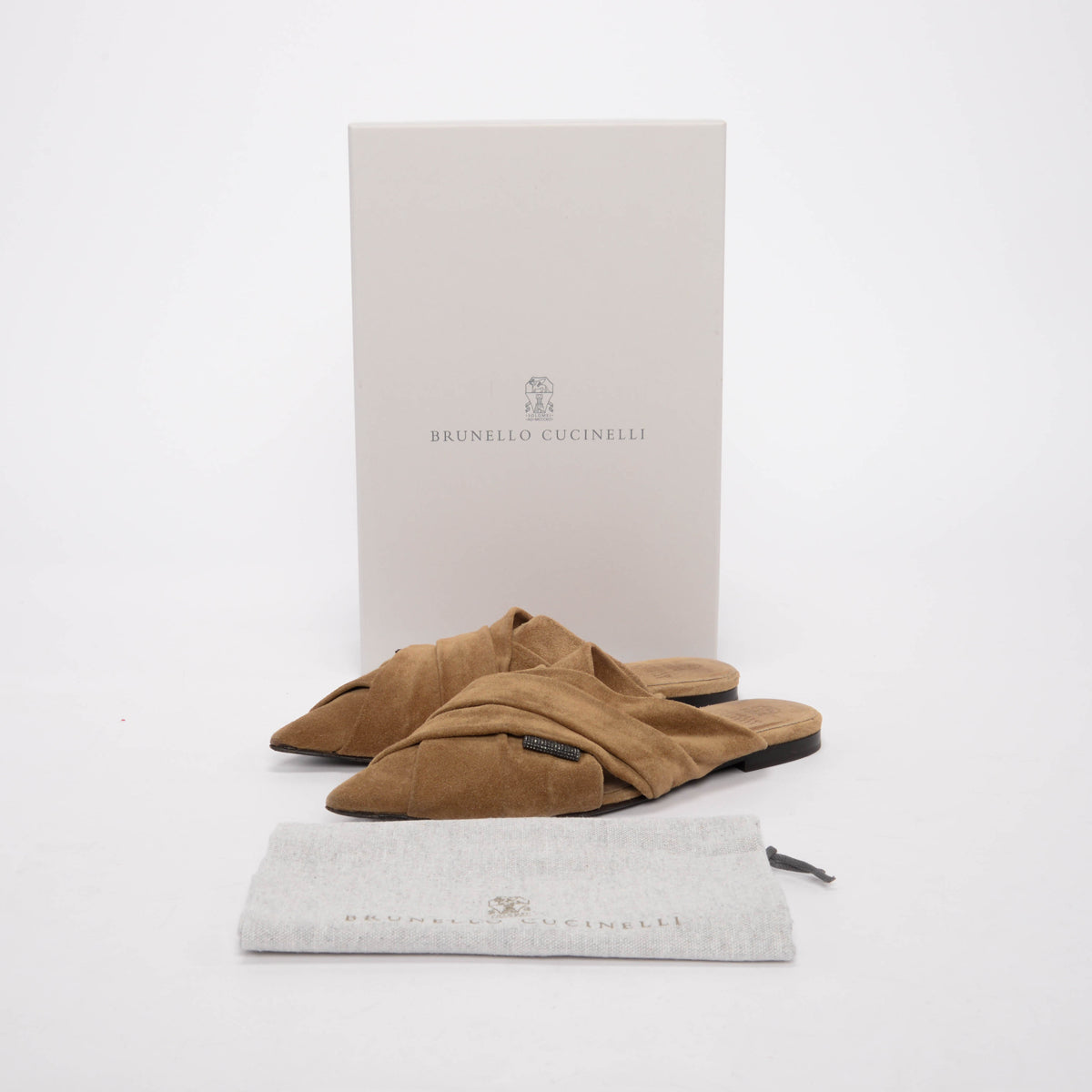 Brunello Cucinelli Tan Suede Pointed Toe Mules 37